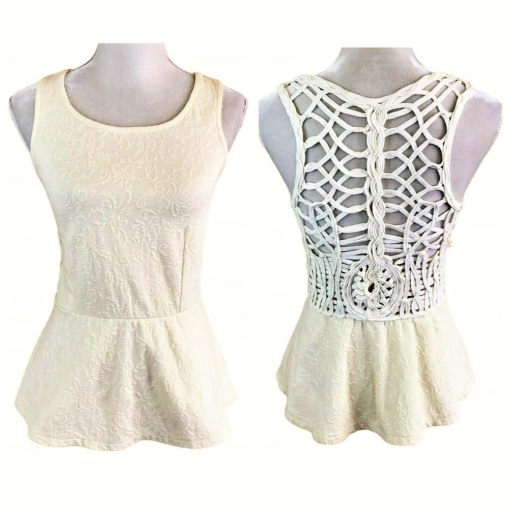 Free People Cream/Ivory Peplum Crochet Braided Back Tank, XS